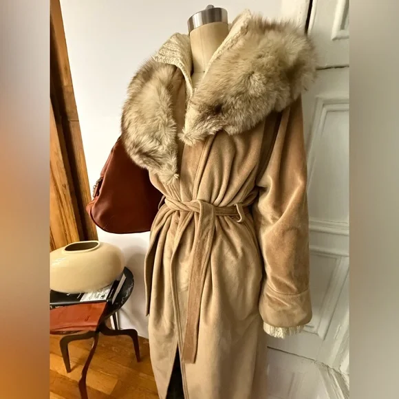 Camel Cashmere Maxi Trench Coat Long Belted Wrap Robe Winter Coat - Picture 12 of 15